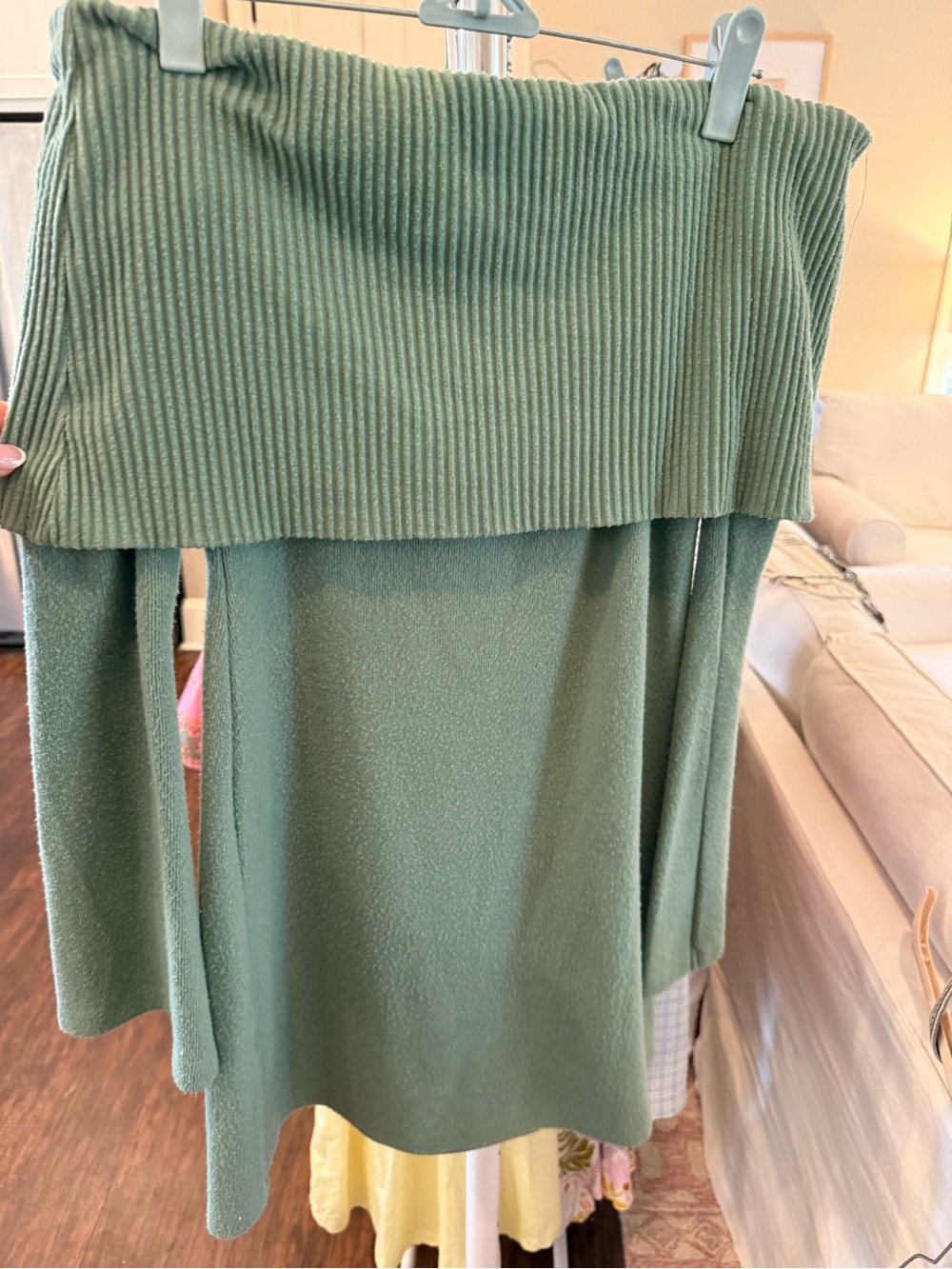 ASOS Sage Green Off-Shoulder Ribbed Mini Dress - Picture 2 of 3